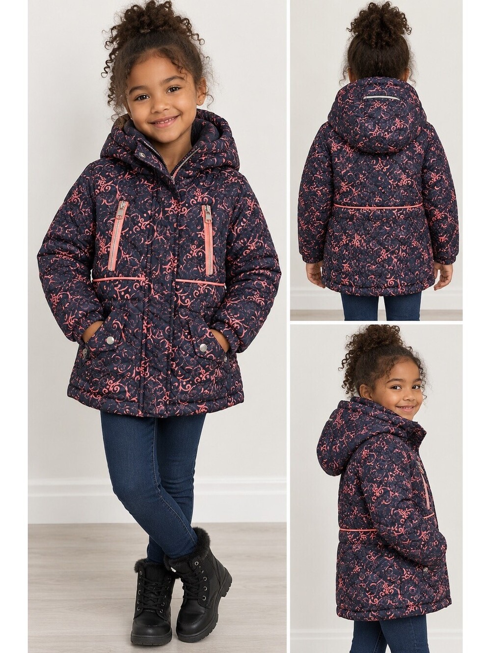 Gerry Girls Size 6X Winter Coat Jacket Navy Pink Fleece Lined Hooded Puffer Ski